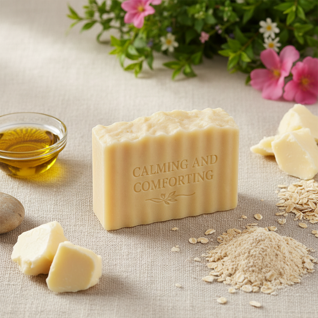 Ingredient flat-lay with olive oil, oatmeal, and shea butter