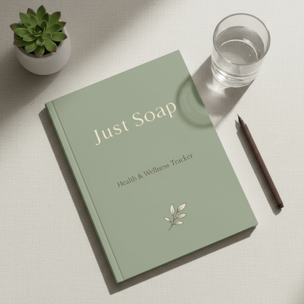 Green health and wellness tracker notebook titled 'Just Soap' with a leaf illustration, on a light textured surface with a glass of water, pen, and succulent plant