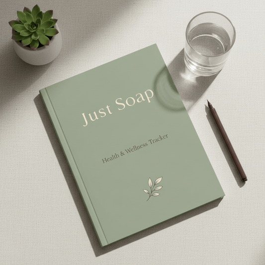 Green health and wellness tracker notebook titled 'Just Soap' with a leaf illustration, on a light textured surface with a glass of water, pen, and succulent plant