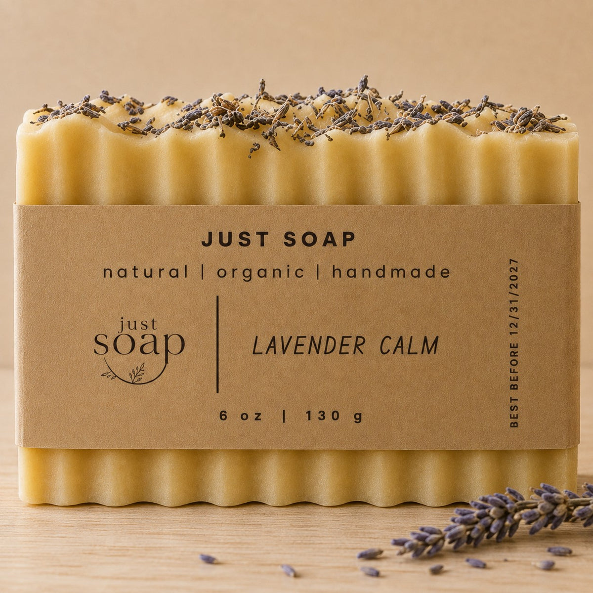 Lavender Calm handcrafted lavender soap bar by Just Soap with dried lavender