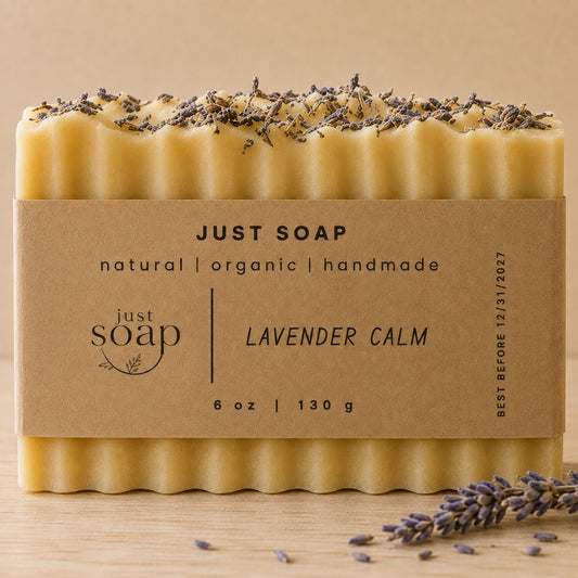 Lavender Calm handcrafted lavender soap bar by Just Soap with dried lavender